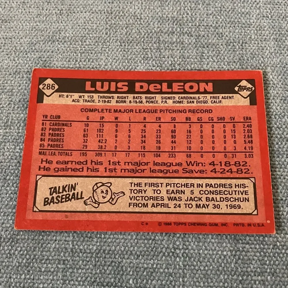 1986 Topps San Diego Padres Baseball Card Trading Card